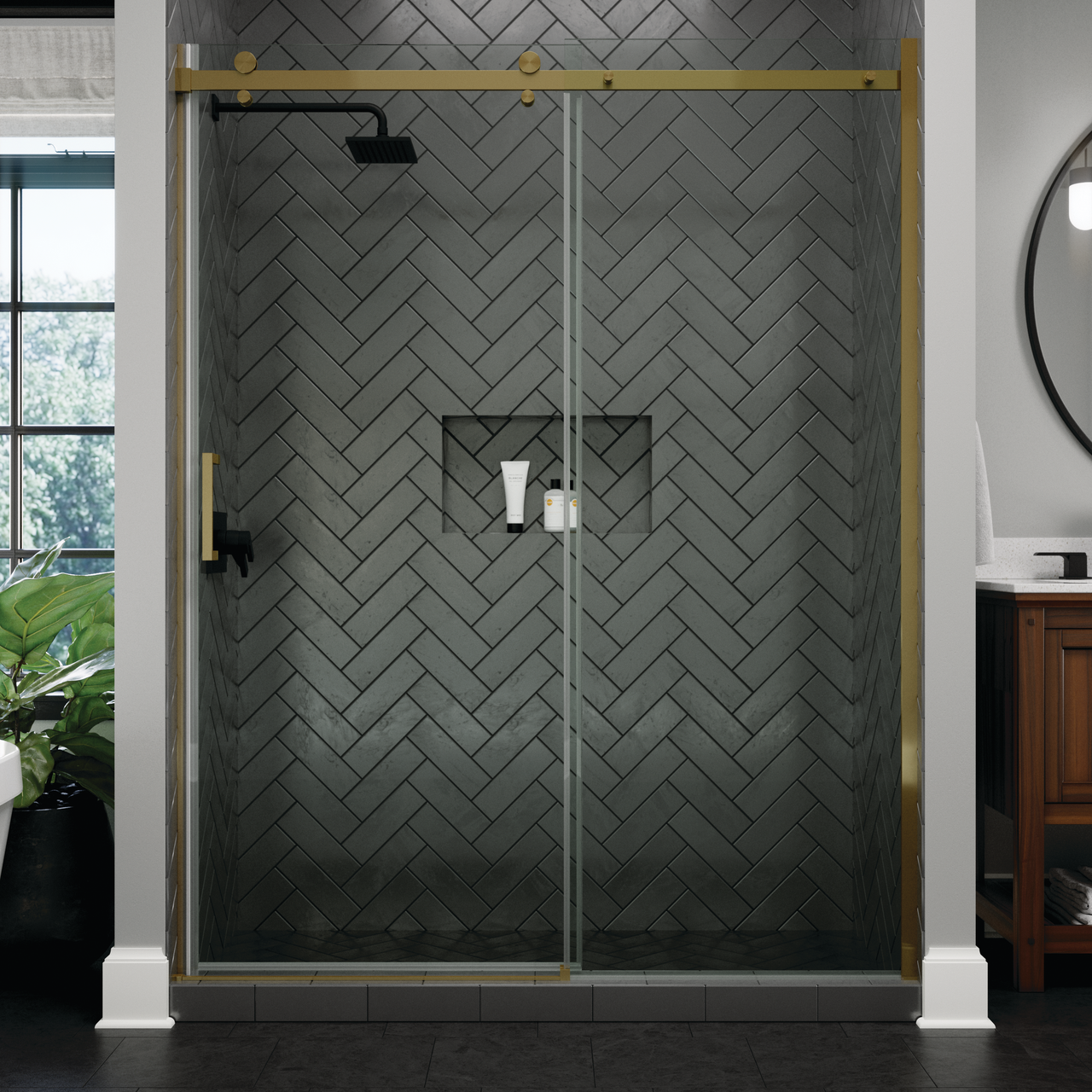 Bathroom featuring modern Delta® Shower Door