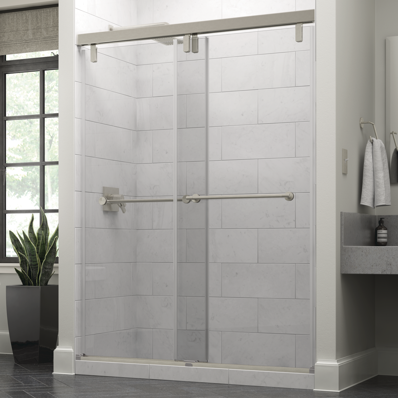 60" Shower / Clear / Delta Brushed Nickel
