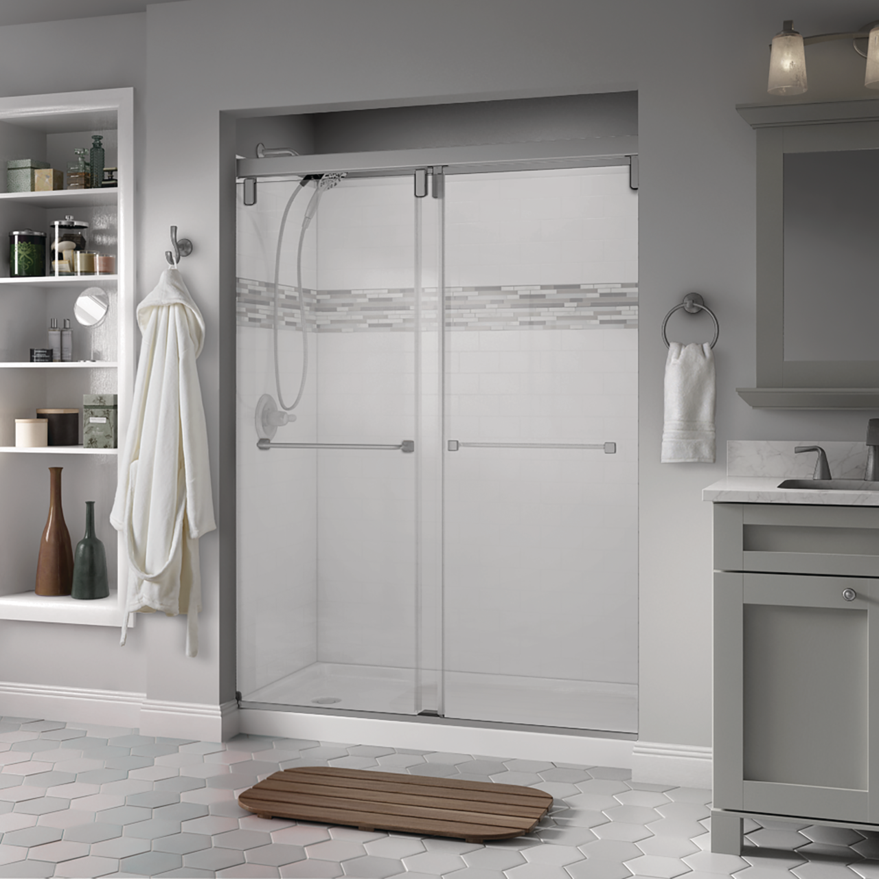 60" Shower / Clear / Delta Brushed Nickel