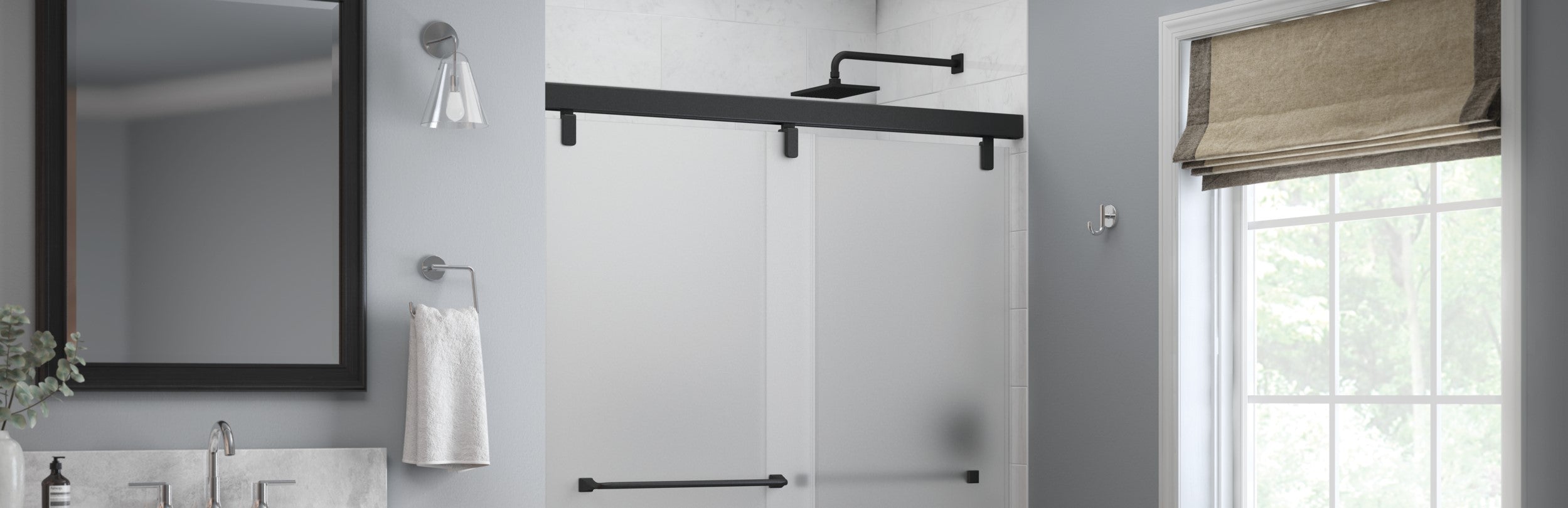 Bathroom with shower enclosure, mirror, and window