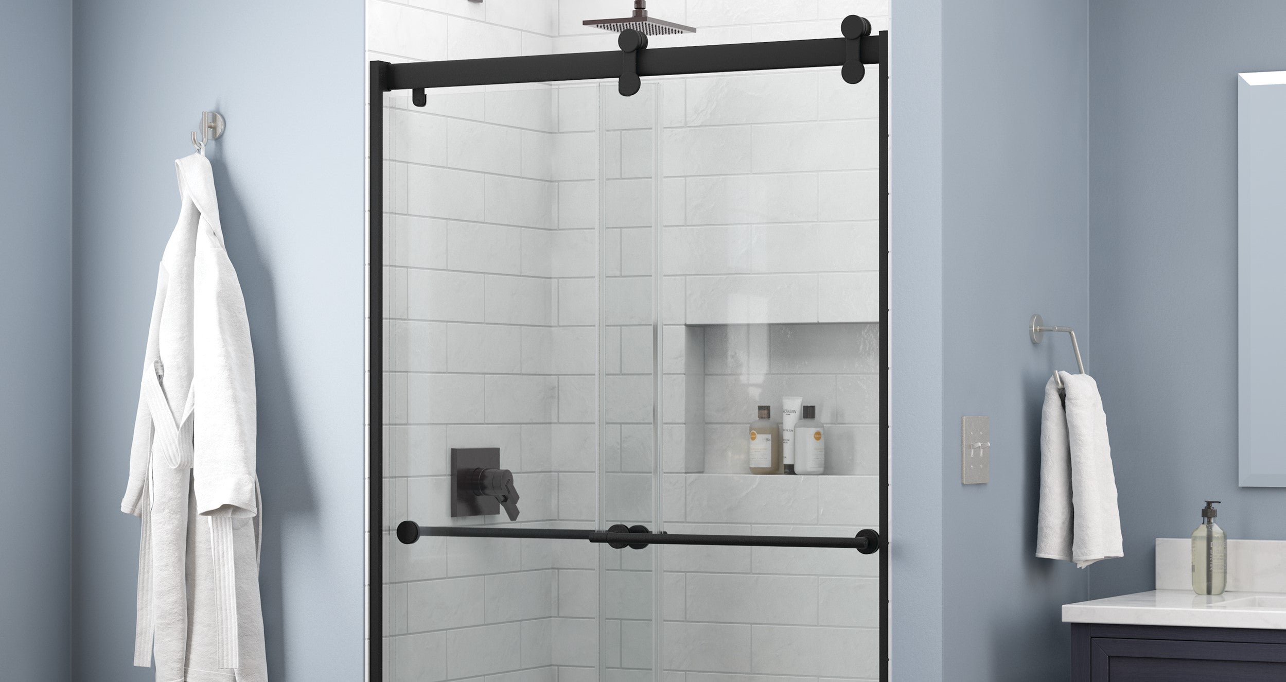 Close up of Delta Contemporary Shower Door System in Matte Black