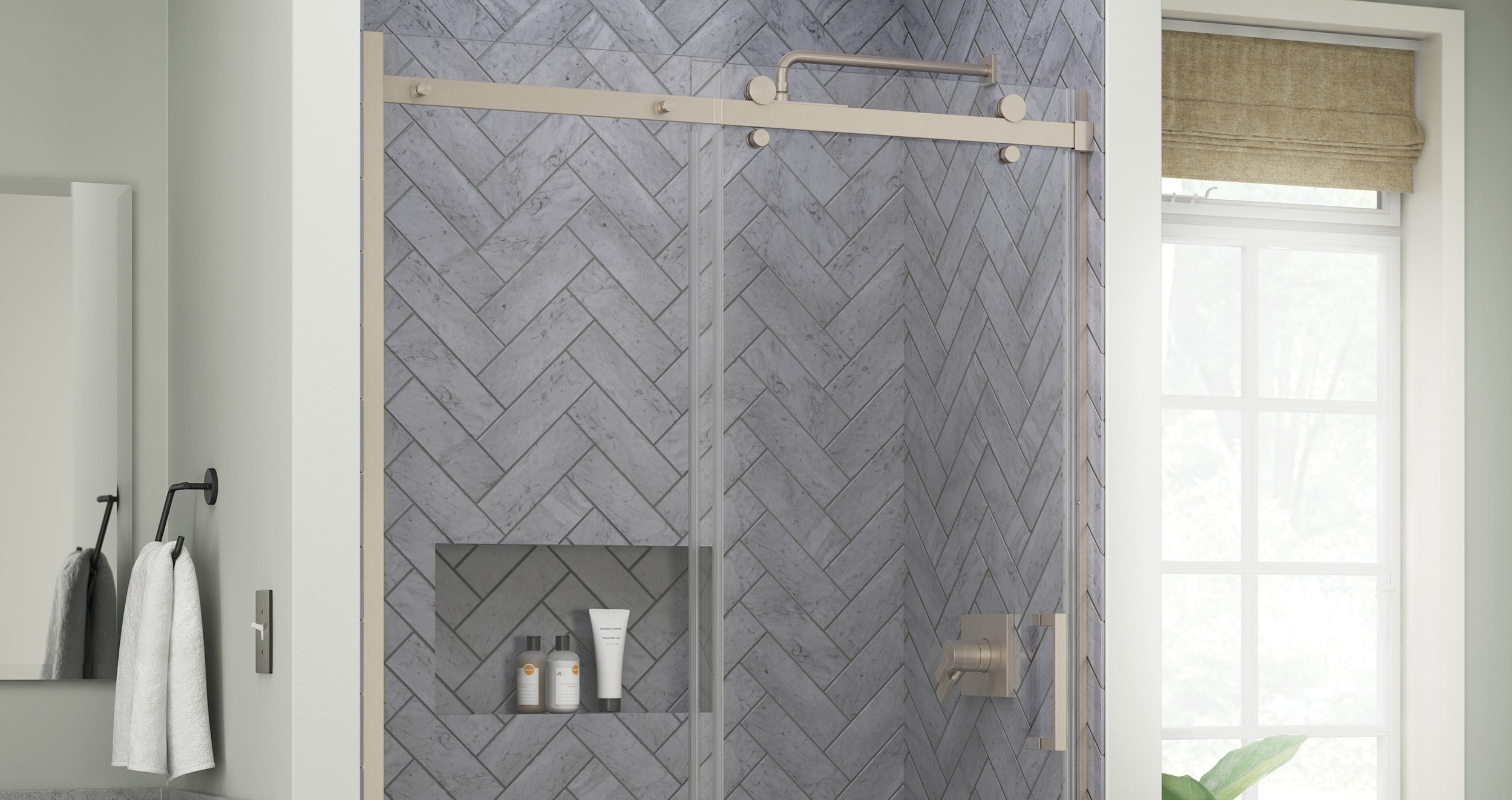 Close up of Delta Commix Shower Door System in Brushed Nickel