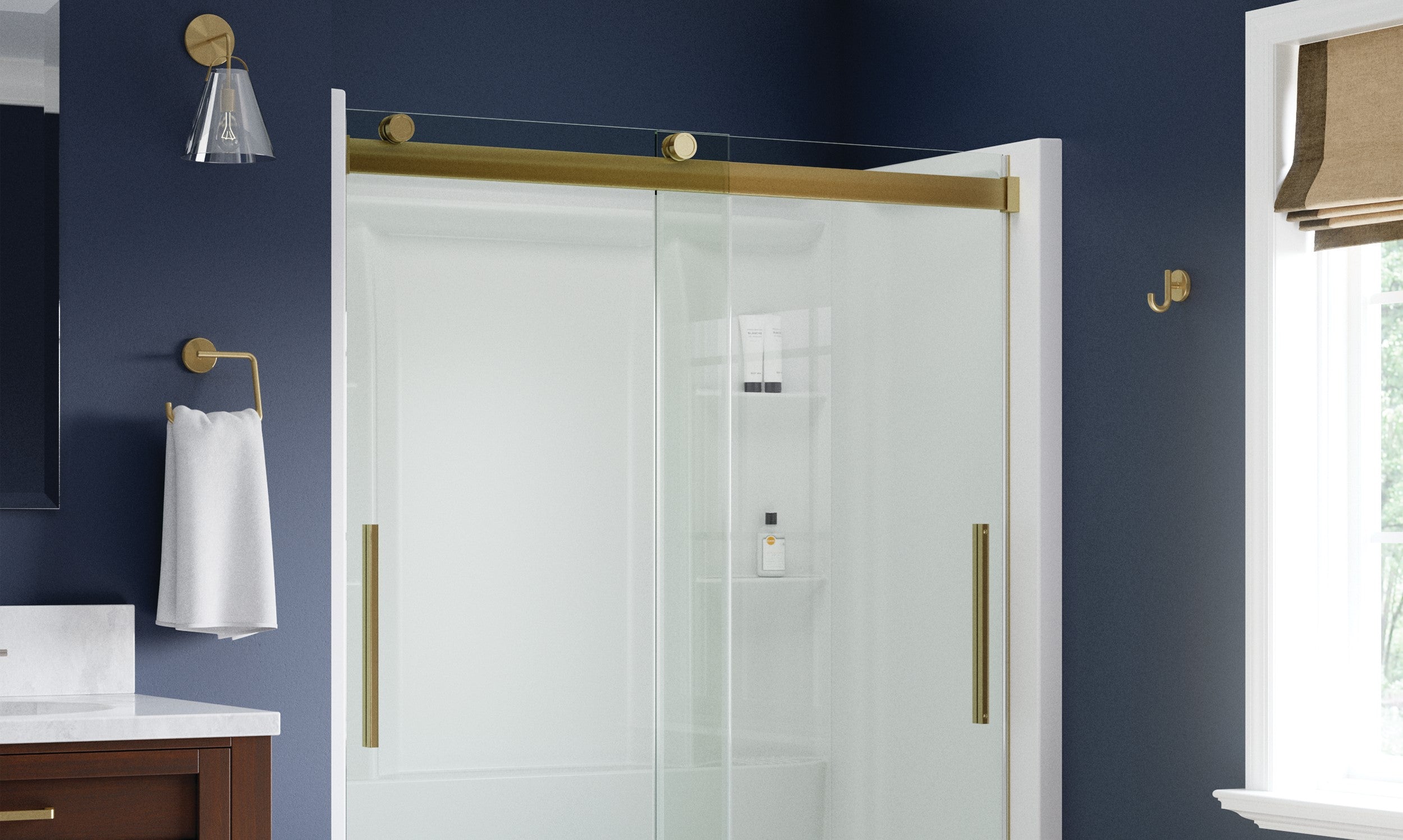 Close up of Delta EverEdge Shower Door in Matte Gold