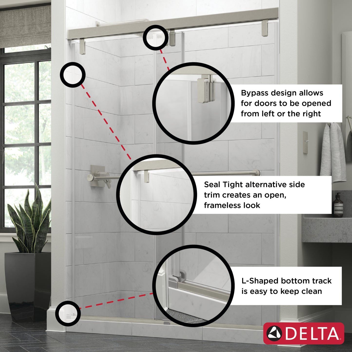 Shower enclosure with features highlighted and Delta brand logo.