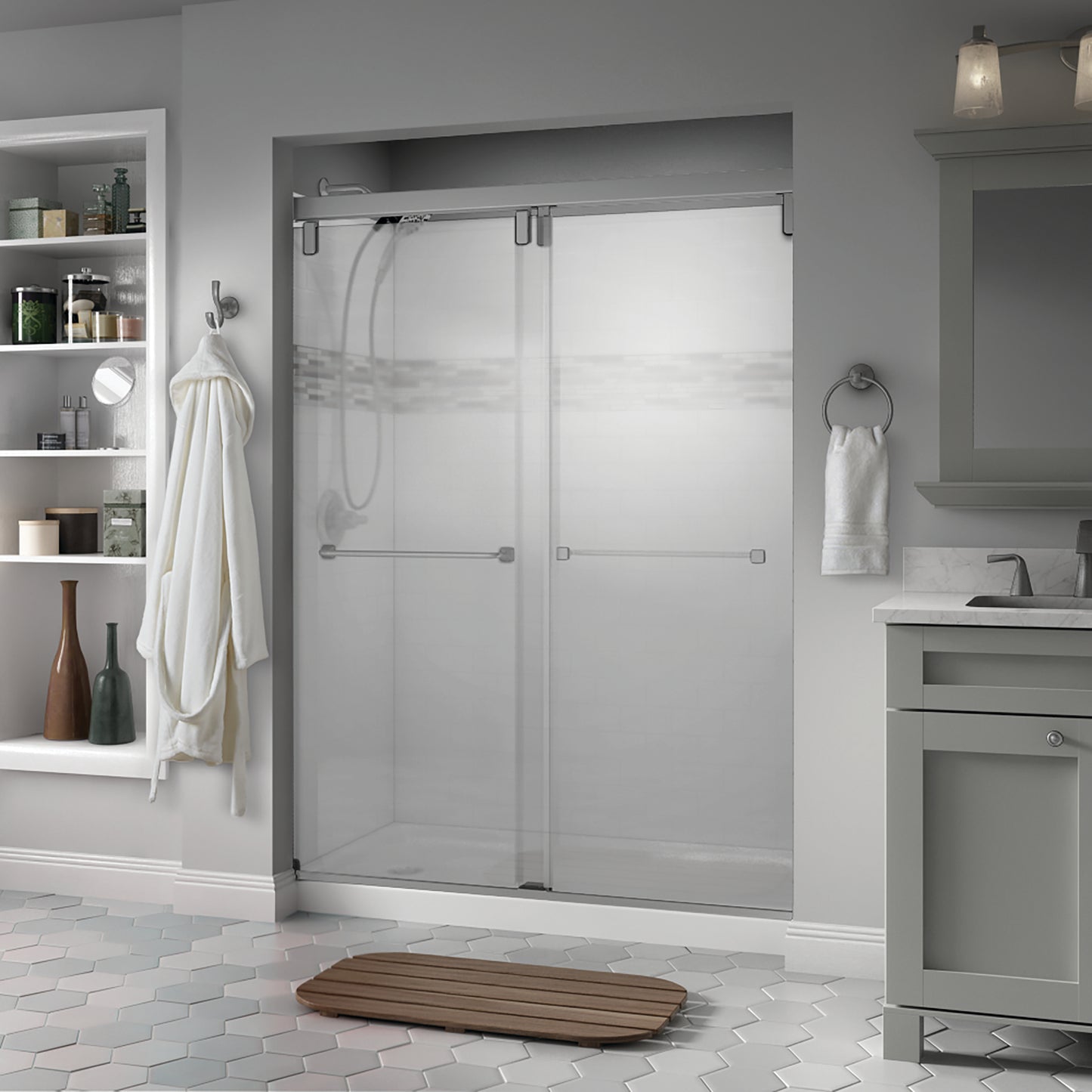 60" Shower / Frosted / Delta Brushed Nickel