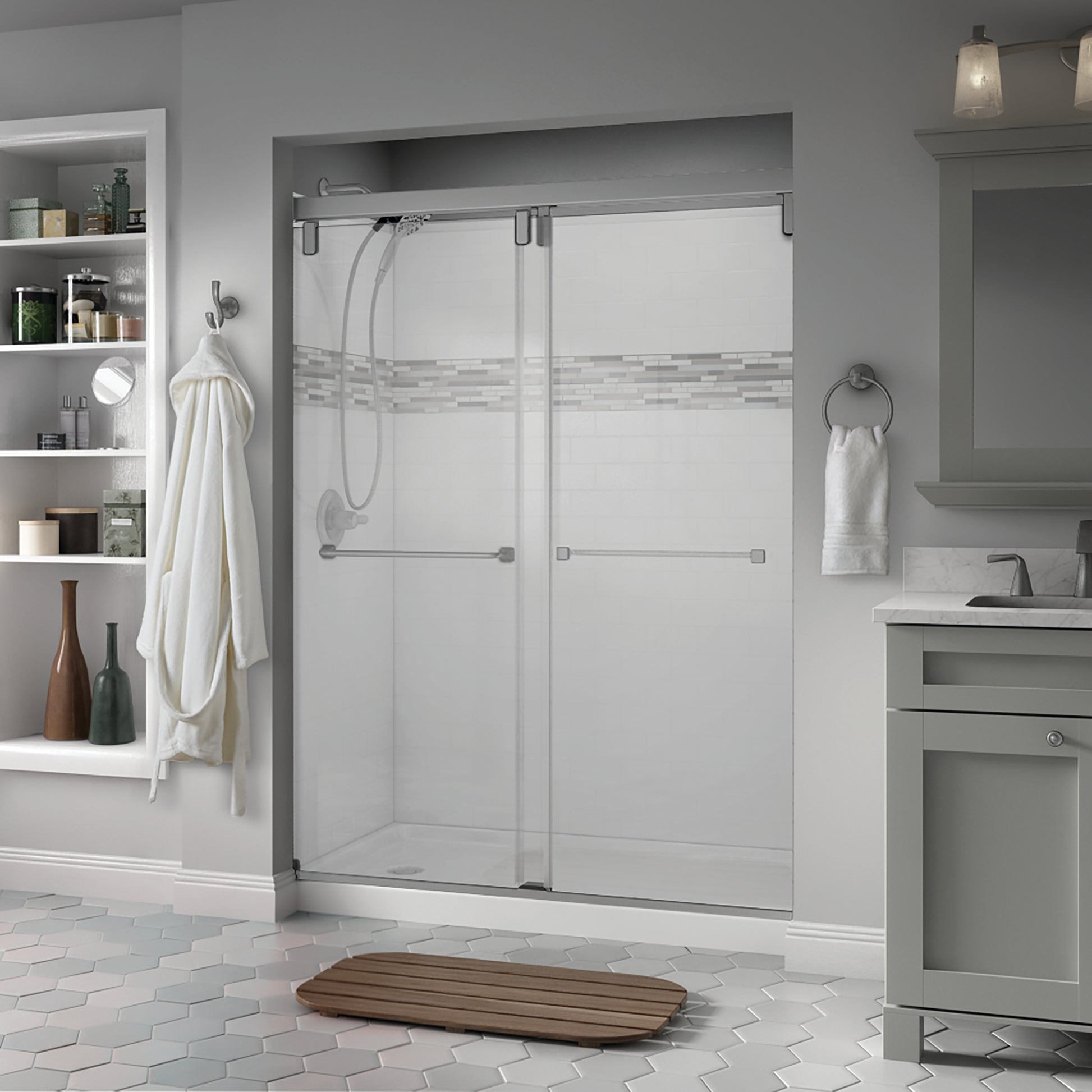 60" Shower / Clear / Delta Brushed Nickel