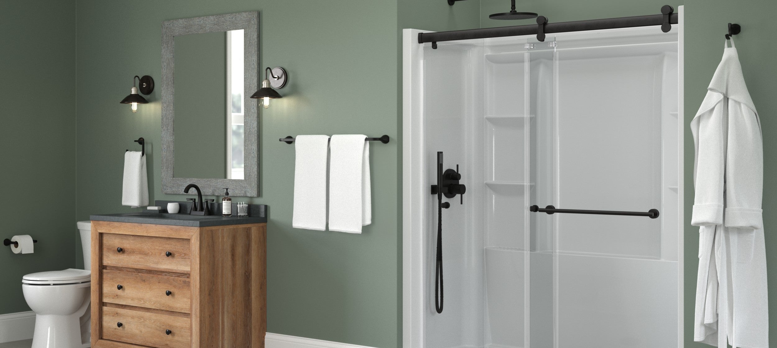 Bathroom with wooden vanity, mirror, toilet, and shower area.