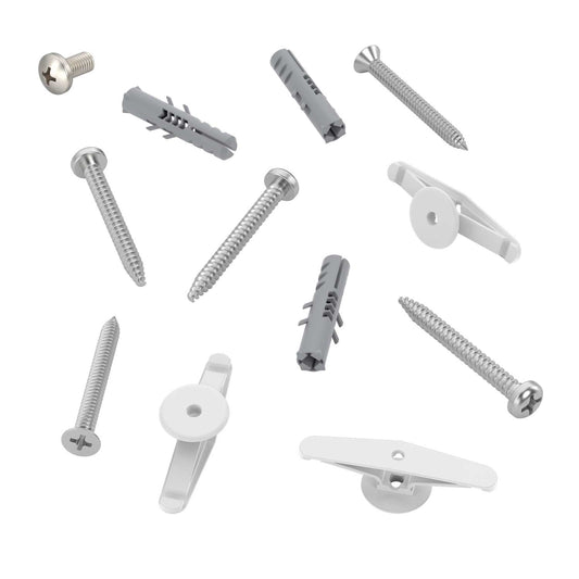 Set of screws and mounting brackets on a white background