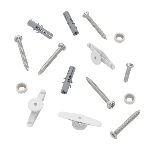 Set of replacement hardware pieces on a white background