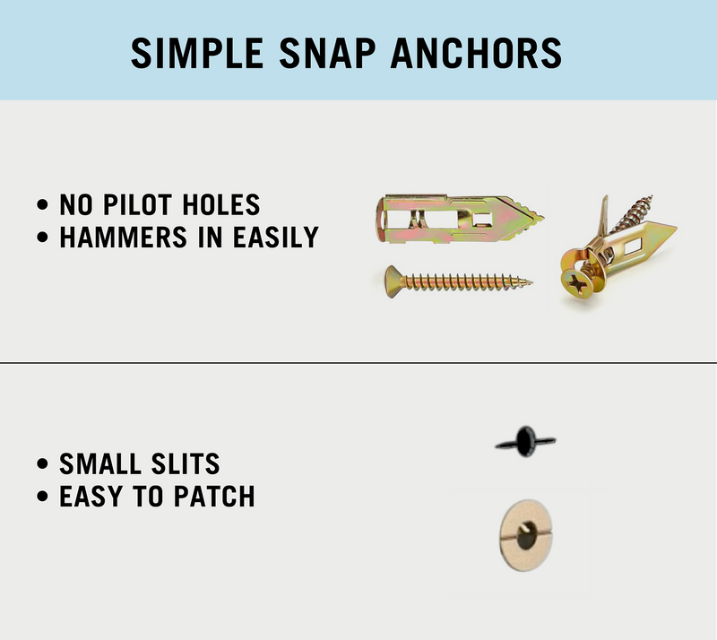 Simple snap anchors with features listed on a light blue and white background