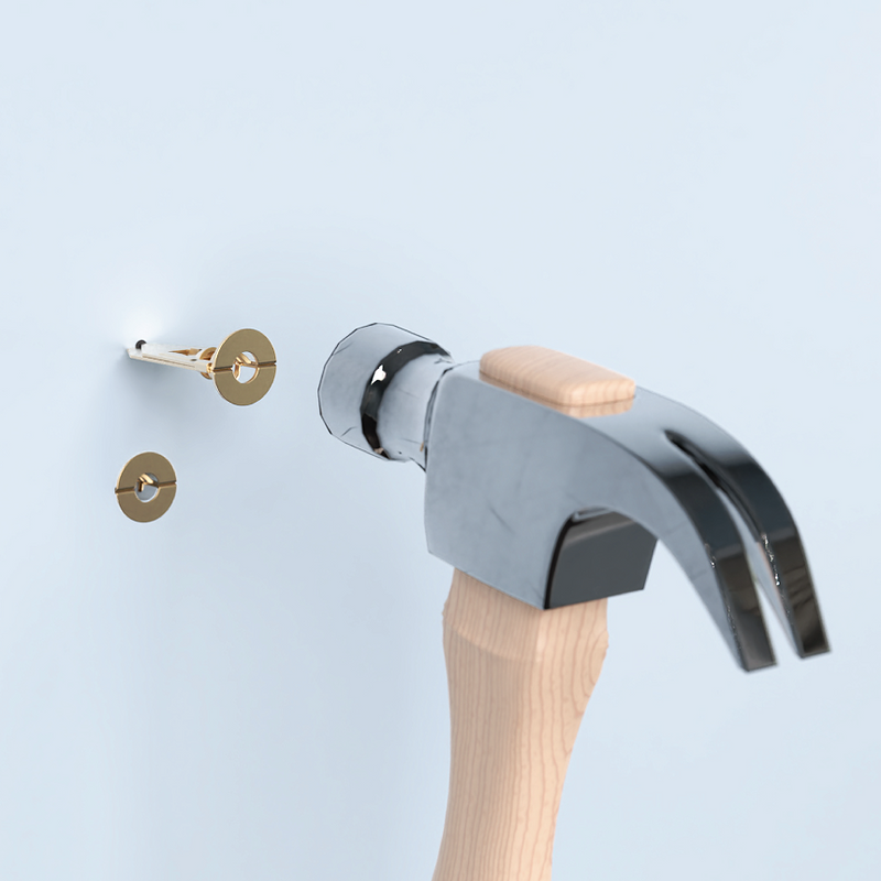 Hammer with wooden handle and anchor hardware on a light blue background