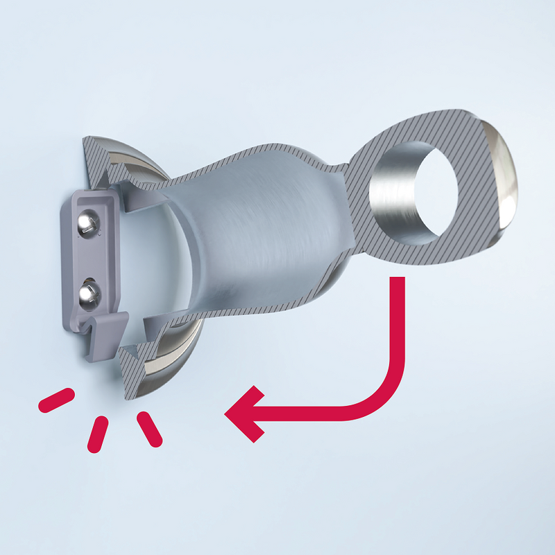 Metal bracket with a red arrow indicating direction on a light blue background