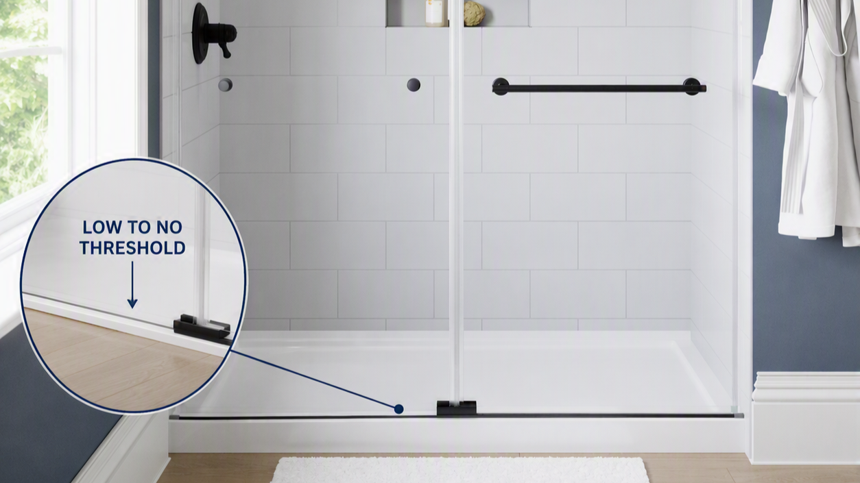 White frameless sliding shower doors installed in a white tiled walk-in shower, with a circular inset showing the door hinge and text reading 'LOW TO NO THRESHOLD'.